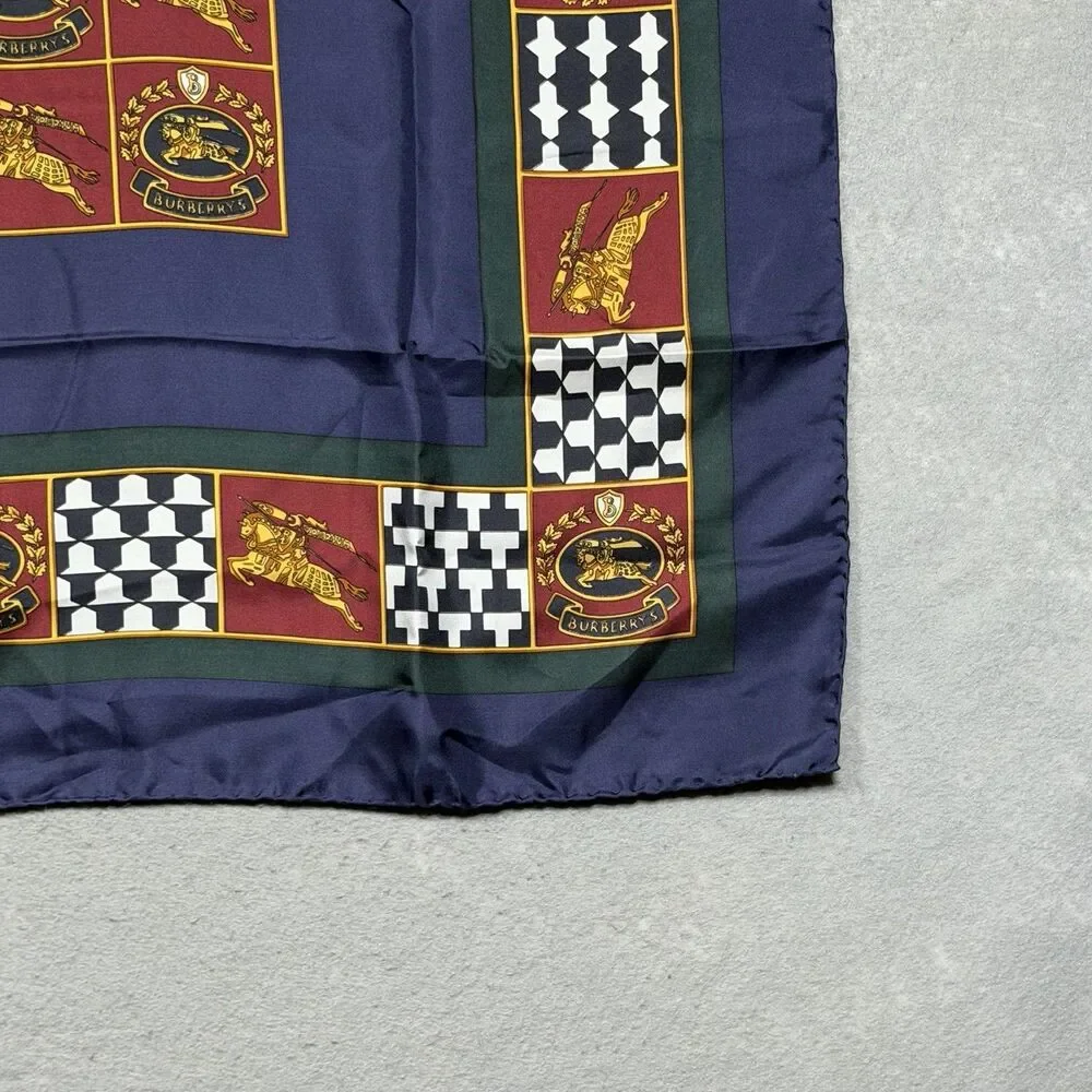 Vintage 80s 90s Burberrys Silk Twill Square Scarf Blue Red Equestrian Logo Italy